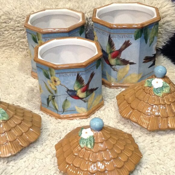 VINTAGE Discontinued Susan Winget 3 pc. Botanical Canister Set, Painted Buntings - Picture 2 of 7